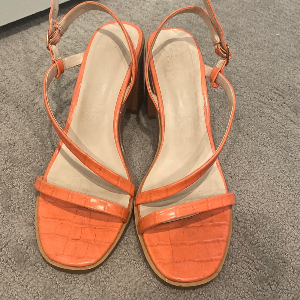 H Halston Orange/Coral Croc Embossed Strappy Sandal Block Heels